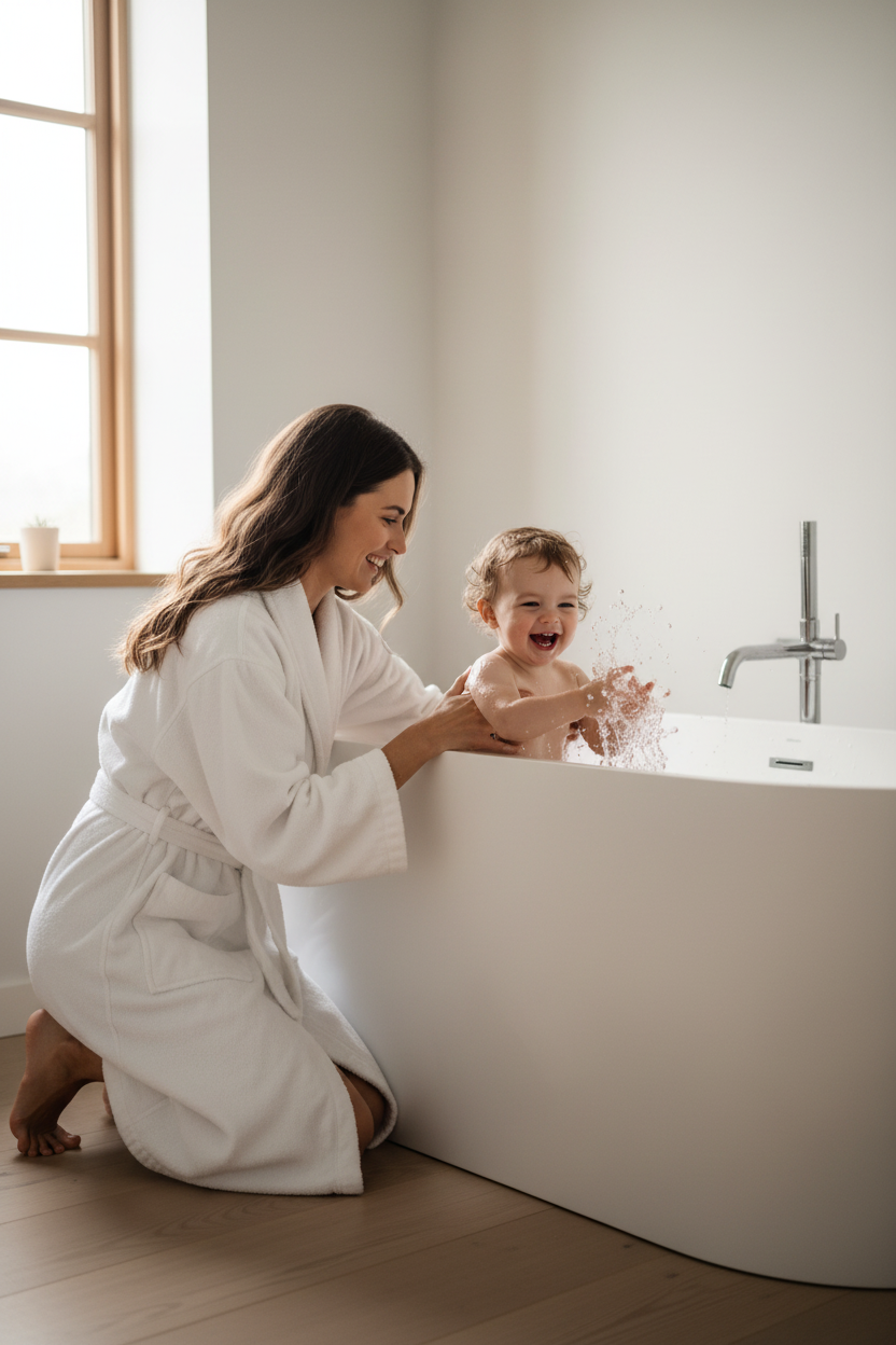 Mom bathing baby