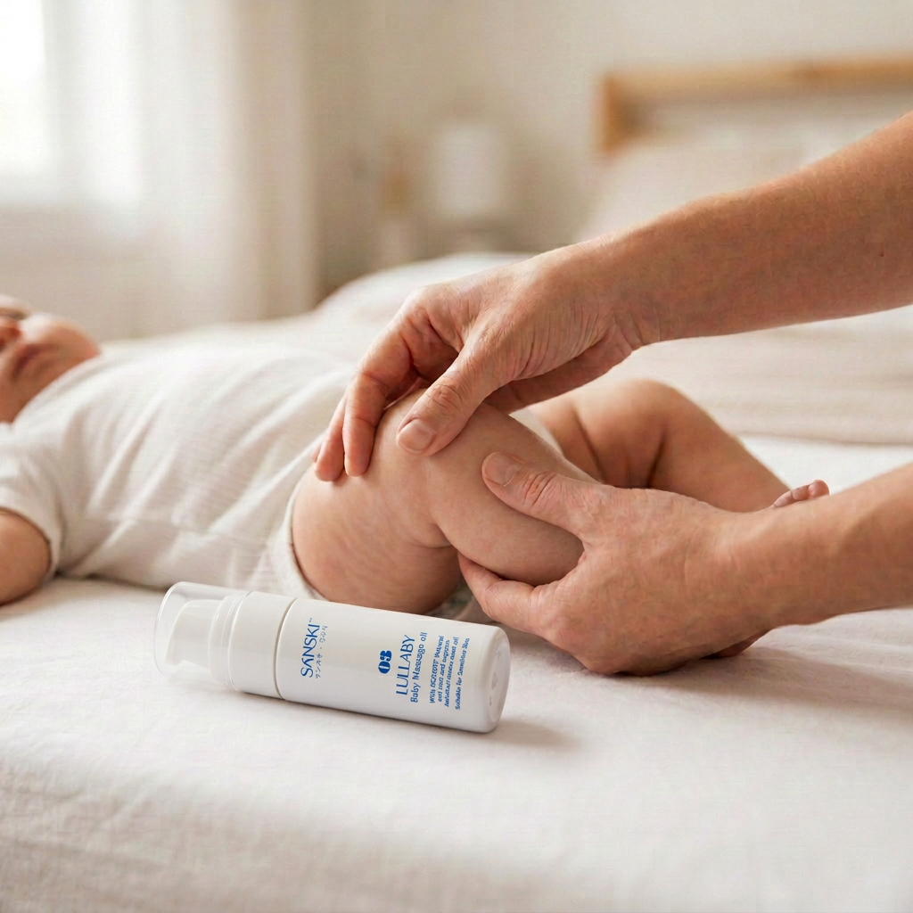 Sanski bottle lying on the white mattress beside the baby’s hip during a gentle leg massage